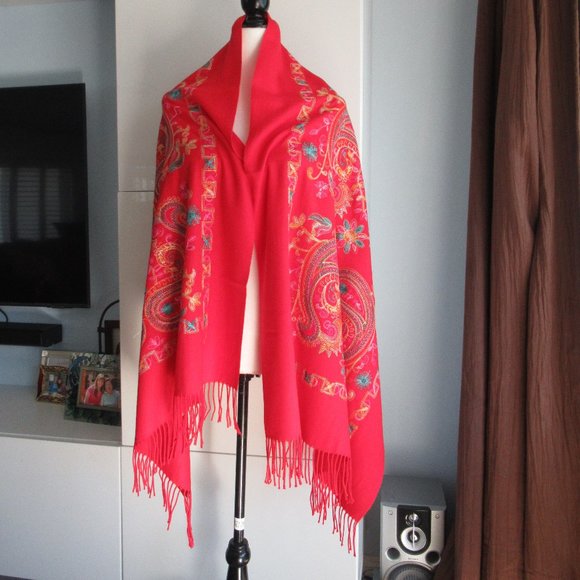New Embroidered Pashmina Cashmere Wool Shawl Stole Wrap Scarf Throw 67x27" Red - Picture 4 of 13